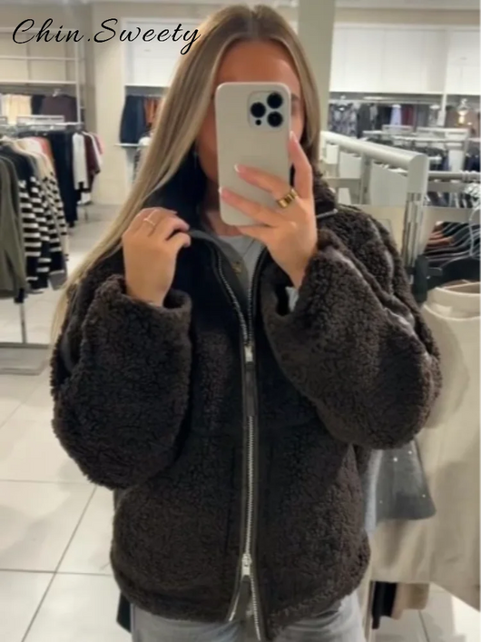 Women’s Warm Teddy Faux Jacket – Stand Collar Zipper Coat for Autumn & Winter