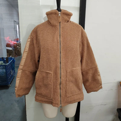 Women’s Warm Teddy Faux Jacket – Stand Collar Zipper Coat for Autumn & Winter