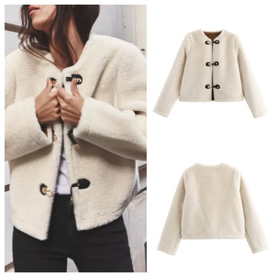 Warm Faux Fur Jacket for Women – Double-Sided Knotted Buckle Coat