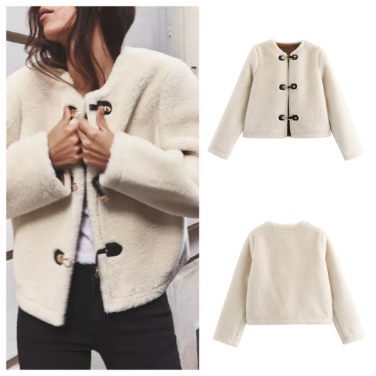 Warm Faux Fur Jacket for Women – Double-Sided Knotted Buckle Coat