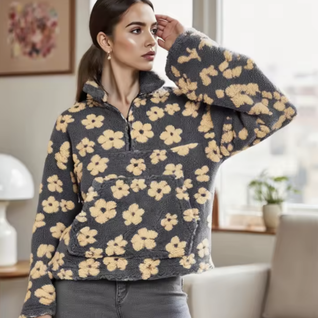 Cozy Boho Floral Sherpa Half-Zip Hoodie – Warm & Chic Pullover for Women