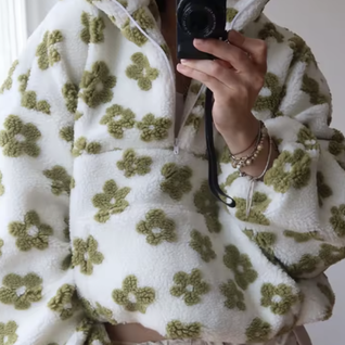 Cozy Boho Floral Sherpa Half-Zip Hoodie – Warm & Chic Pullover for Women