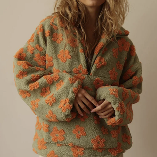 Cozy Boho Floral Sherpa Half-Zip Hoodie – Warm & Chic Pullover for Women