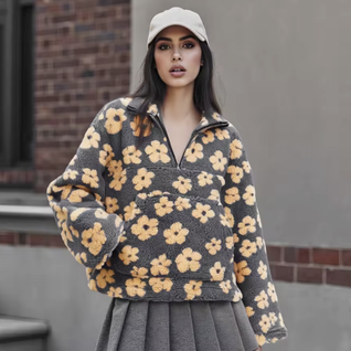 Cozy Boho Floral Sherpa Half-Zip Hoodie – Warm & Chic Pullover for Women