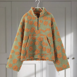Cozy Boho Floral Sherpa Half-Zip Hoodie – Warm & Chic Pullover for Women