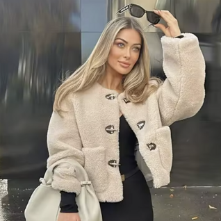 Warm Faux Fur Jacket for Women – Double-Sided Knotted Buckle Coat