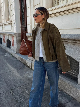 Stylish Women’s Suede-Textured Short Jacket – Chic Bomber Coat for Fall 2025