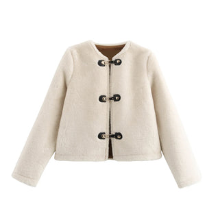 Warm Faux Fur Jacket for Women – Double-Sided Knotted Buckle Coat