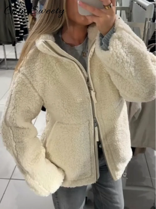 Women’s Warm Teddy Faux Jacket – Stand Collar Zipper Coat for Autumn & Winter
