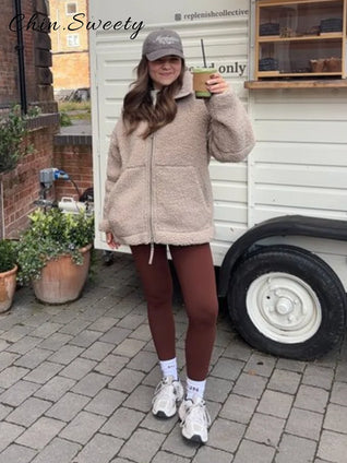 Women’s Warm Teddy Faux Jacket – Stand Collar Zipper Coat for Autumn & Winter