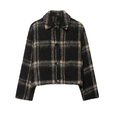 Trendy Brown Checkered Short Jacket – Chic Autumn Outerwear for Women