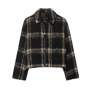 Trendy Brown Checkered Short Jacket – Chic Autumn Outerwear for Women