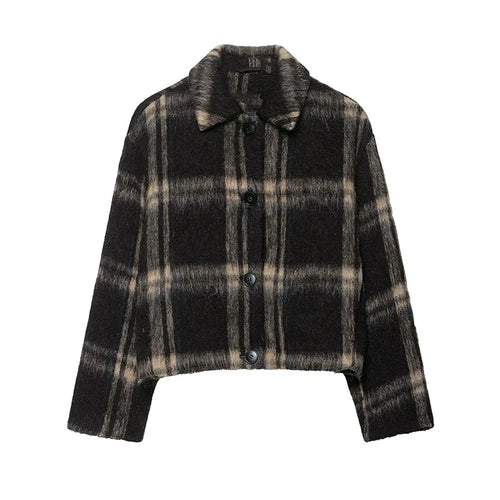 Trendy Brown Checkered Short Jacket – Chic Autumn Outerwear for Women