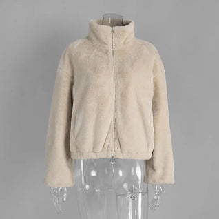 Women’s Plush Stand Collar Jacket – Warm Zipper Outerwear for Autumn & Winter