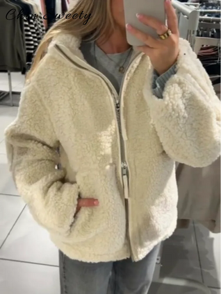 Women’s Warm Teddy Faux Jacket – Stand Collar Zipper Coat for Autumn & Winter