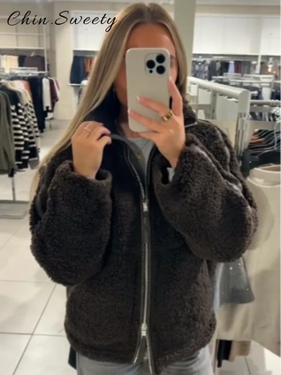 Women’s Warm Teddy Faux Jacket – Stand Collar Zipper Coat for Autumn & Winter