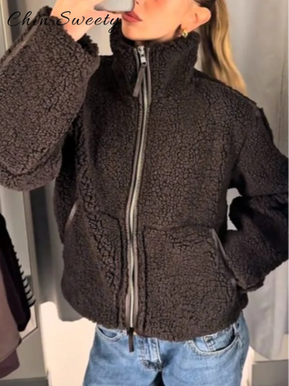 Women’s Warm Teddy Faux Jacket – Stand Collar Zipper Coat for Autumn & Winter