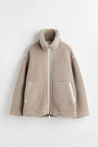 Women’s Warm Teddy Faux Jacket – Stand Collar Zipper Coat for Autumn & Winter