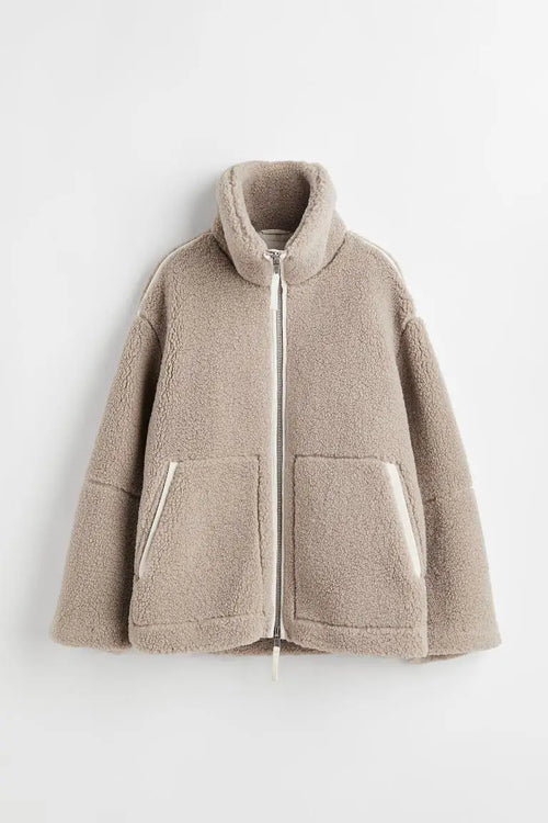 Women’s Warm Teddy Faux Jacket – Stand Collar Zipper Coat for Autumn & Winter