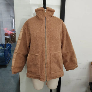Women’s Warm Teddy Faux Jacket – Stand Collar Zipper Coat for Autumn & Winter