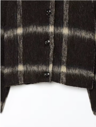 Trendy Brown Checkered Short Jacket – Chic Autumn Outerwear for Women