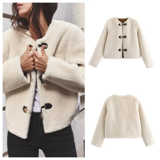 Warm Faux Fur Jacket for Women – Double-Sided Knotted Buckle Coat
