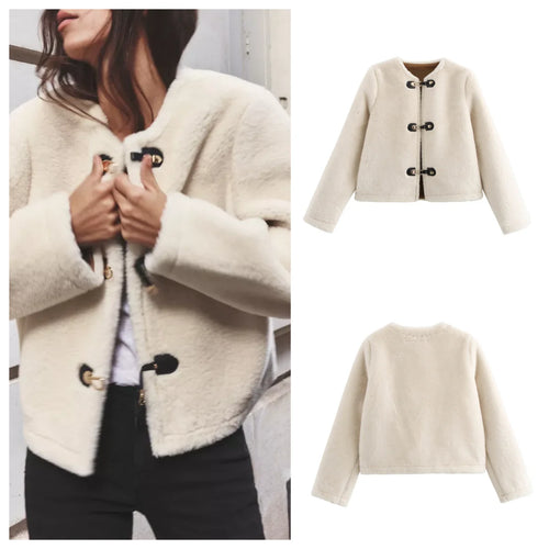 Warm Faux Fur Jacket for Women – Double-Sided Knotted Buckle Coat