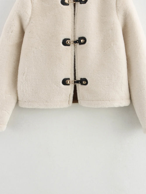 Warm Faux Fur Jacket for Women – Double-Sided Knotted Buckle Coat
