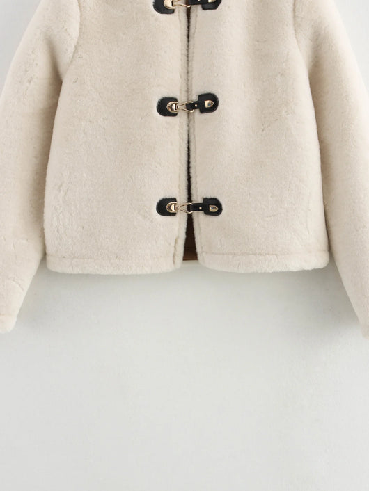 Warm Faux Fur Jacket for Women – Double-Sided Knotted Buckle Coat
